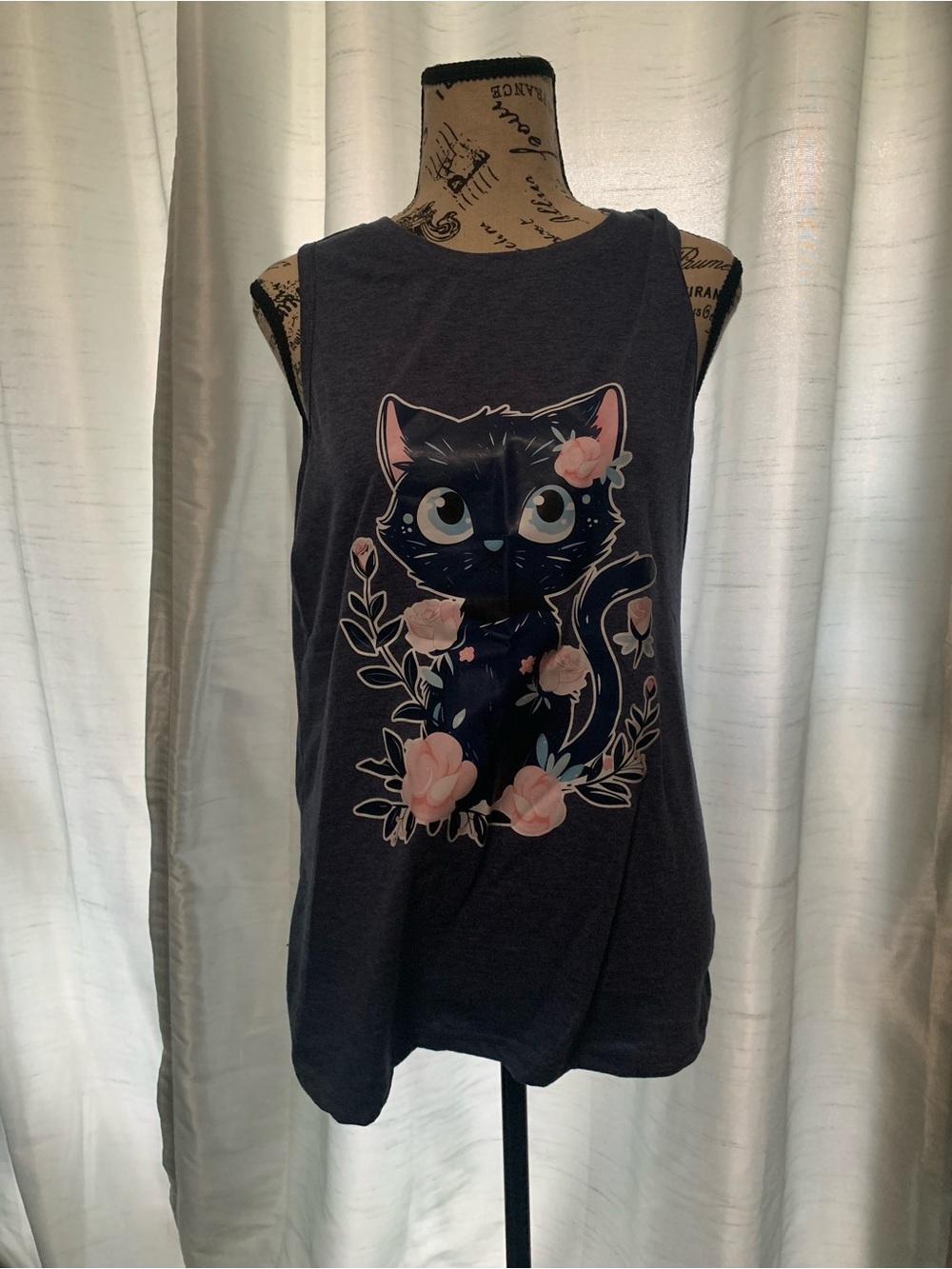 Dark blue Floral Cat Graphic Tank Top - Unbranded